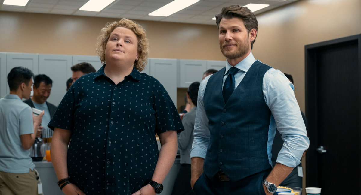 Fortune Feimster as Roo Russell, Travis Van Winkle as Aldon Reece in 'Fubar.'