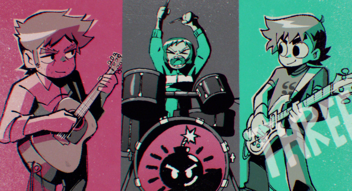 Mark Webber as Stephen Stills, Alison Pill as Kim Pine and Michael Cera as Scott Pilgrim in 'Scott Pilgrim Takes Off.'