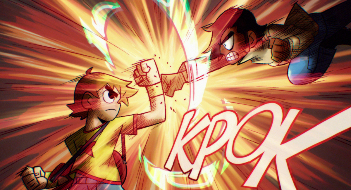 Michael Cera as Scott Pilgrim and Satya Bhabha as Matthew Patel in 'Scott Pilgrim Takes Off.'