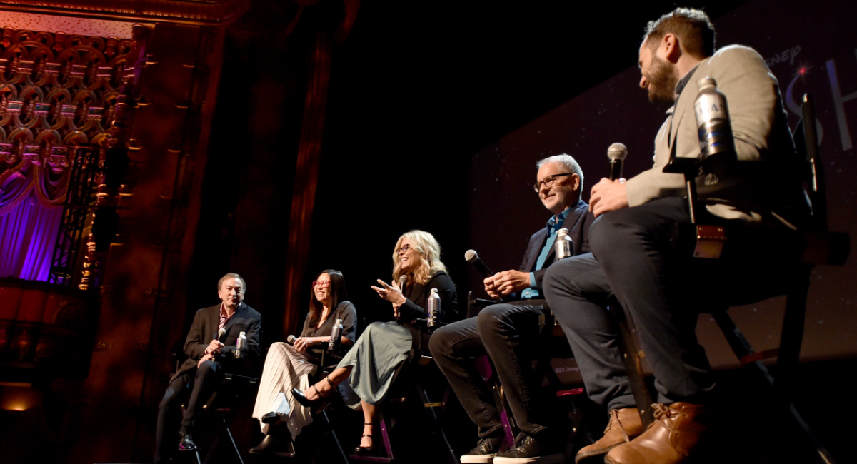 Peter Del Vecho, SVP, Feature Film Production, Walt Disney Animation Studios, Fawn Veerasunthorn, Jennifer Lee, CCO, Disney Animation Studios, Chris Buck and Juan Pablo Reyes Lancaster-Jones speak onstage for 'Wish' at the Long Lead Press Day & In-Person Presentation for 'Wish' at El Capitan Theatre in Los Angeles, California on September 21, 2023.