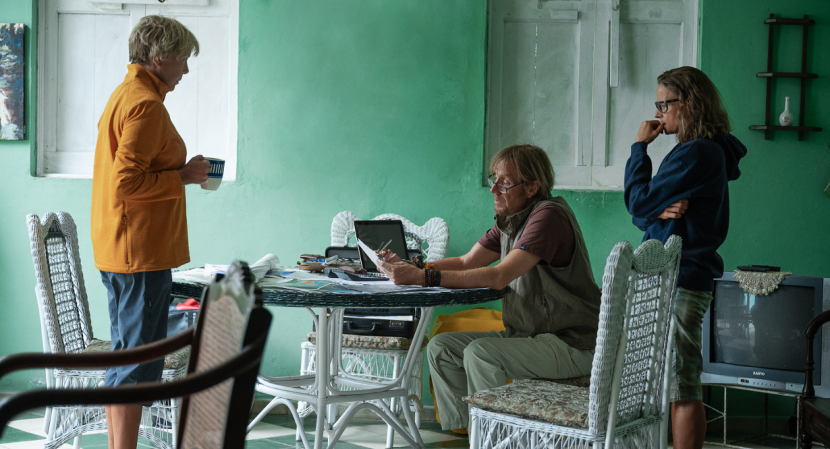 Annette Bening as Diana Nyad, Rhys Ifans as John Bartlett and Jodie Foster as Bonnie Stoll in 'Nyad.'