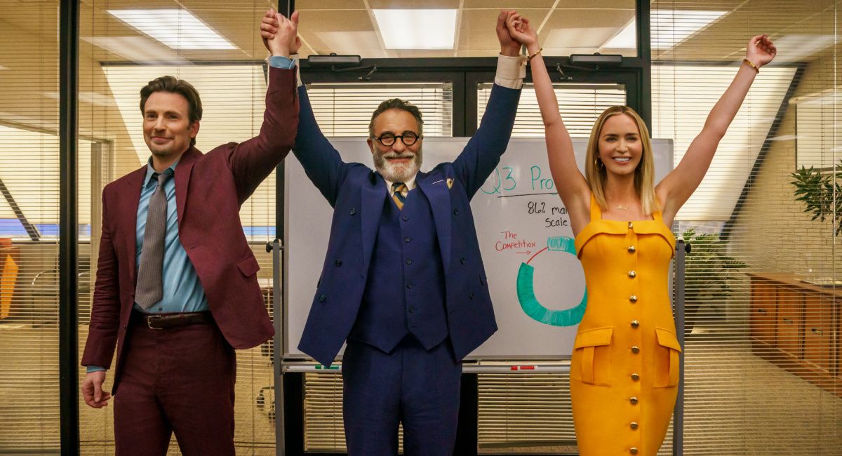 Chris Evans as Brenner, Andy Garcia as Neel, and Emily Blunt as Liza in 'Pain Hustlers.'