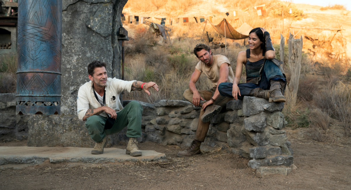 Director/writer/producer Zack Snyder, Michiel Huisman as Gunnar and Sofia Boutella as Kora on the set of 'Rebel Moon.'