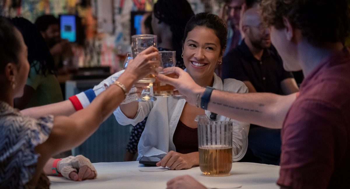 Liza Koshy as Ashley, Gina Rodriguez as Mack and Augustus Prew as Brannagan in 'Players.'