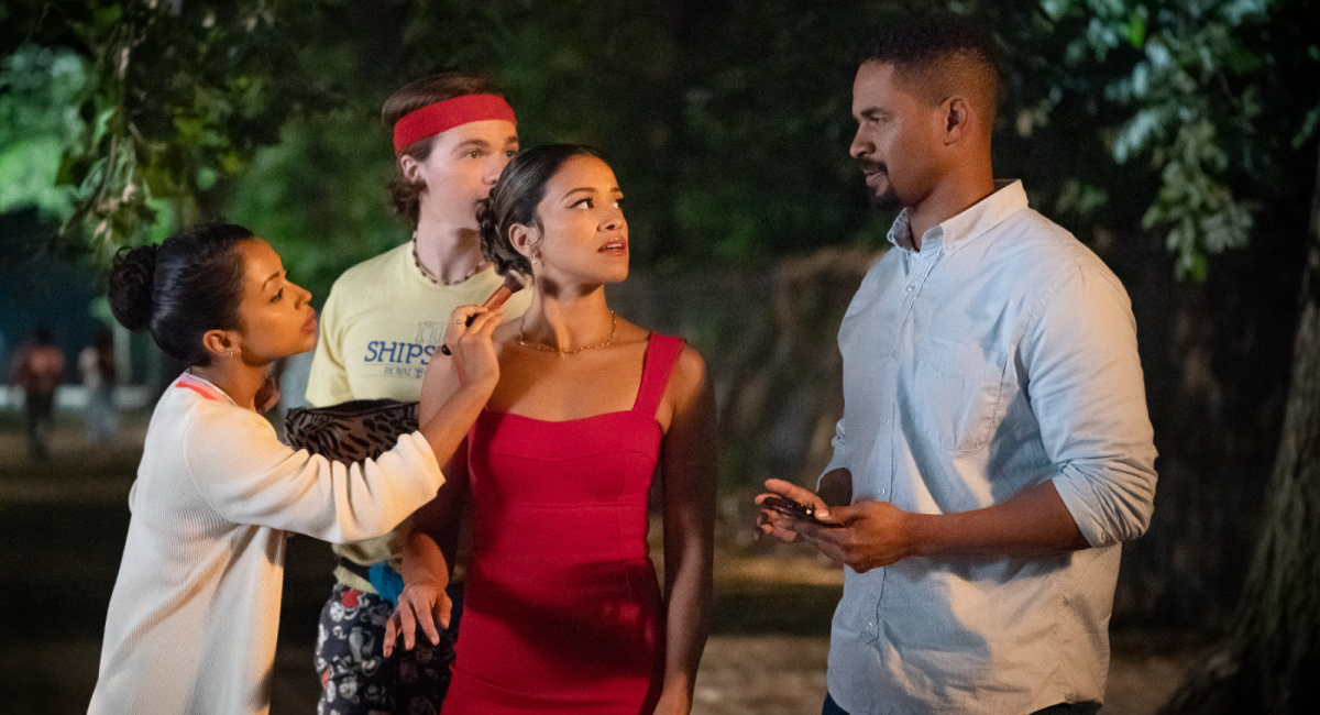 Liza Koshy as Ashley, Joel Courtney as Little, Gina Rodriguez as Mack and Damon Wayans Jr. as Adam in 'Players.'