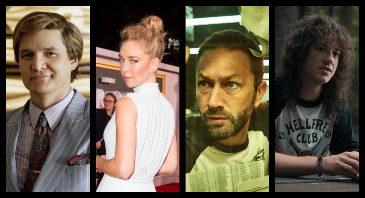 (Left) Pedro Pascal as Maxwell "Max Lord" Lorenzano in 'Wonder Woman 1984.' Photo: Warner Bros. (Center Left) Vanessa Kirby at the Netflix Original Series world premiere of 'The Crown.' November 1st 2016. London UK. (Center Right) Ebon Moss-Bachrach as Rochard "Richie" Jerimovich in 'The Bear.' Photo: Courtesy of FX. (Right) Joseph Quinn as Eddie Munson in 'Stranger Things.' Photo Courtesy of Netflix © 2022.