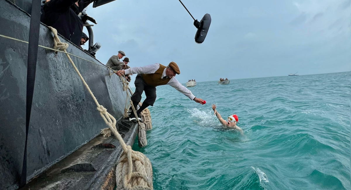 Christopher Eccleston and Daisy Ridley during production of 'Young Woman and the Sea'.