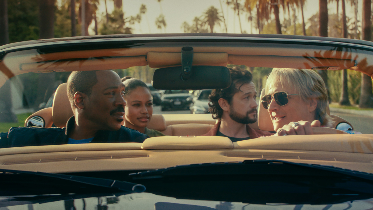 Eddie Murphy as Axel Foley, Taylour Paige as Jane Saunders, Joseph Gordon-Levitt as Detective Bobby Abbott, and Bronson Pinchot as Serge in 'Beverly Hills Cop: Axel F.'