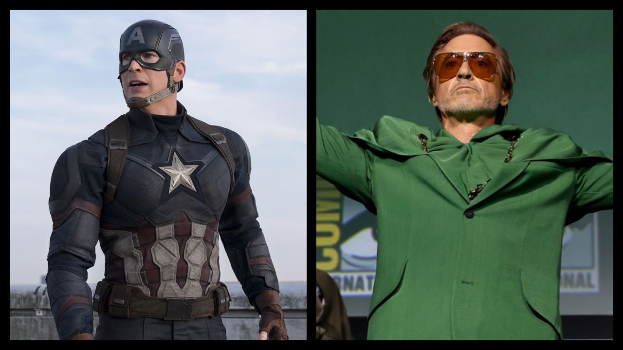 (Left) Chris Evans as Captain America in 'Captain America: Civil War'. Photo: Marvel Studios. (Right) Robert Downey Jr. to play Doctor Doom in 'Avengers: Doomsday'. © 2024 20th Century Studios / © and ™ 2024 MARVEL.