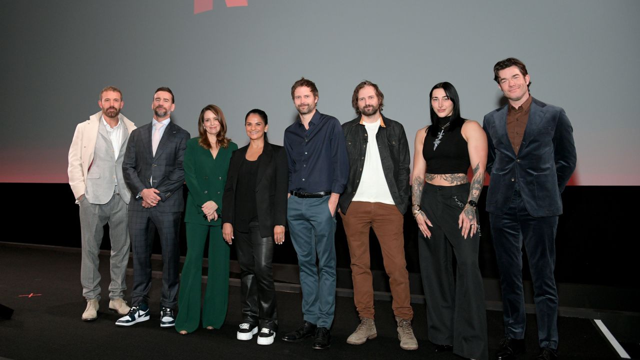 (L to R) Ben Affleck, CM Punk, Tina Fey, Netflix's Bela Bajaria, Matt Duffer, Ross Duffer, Rhea Ripley and John Mulaney at Netflix's Next on Netflix event. Photo: Netflix.