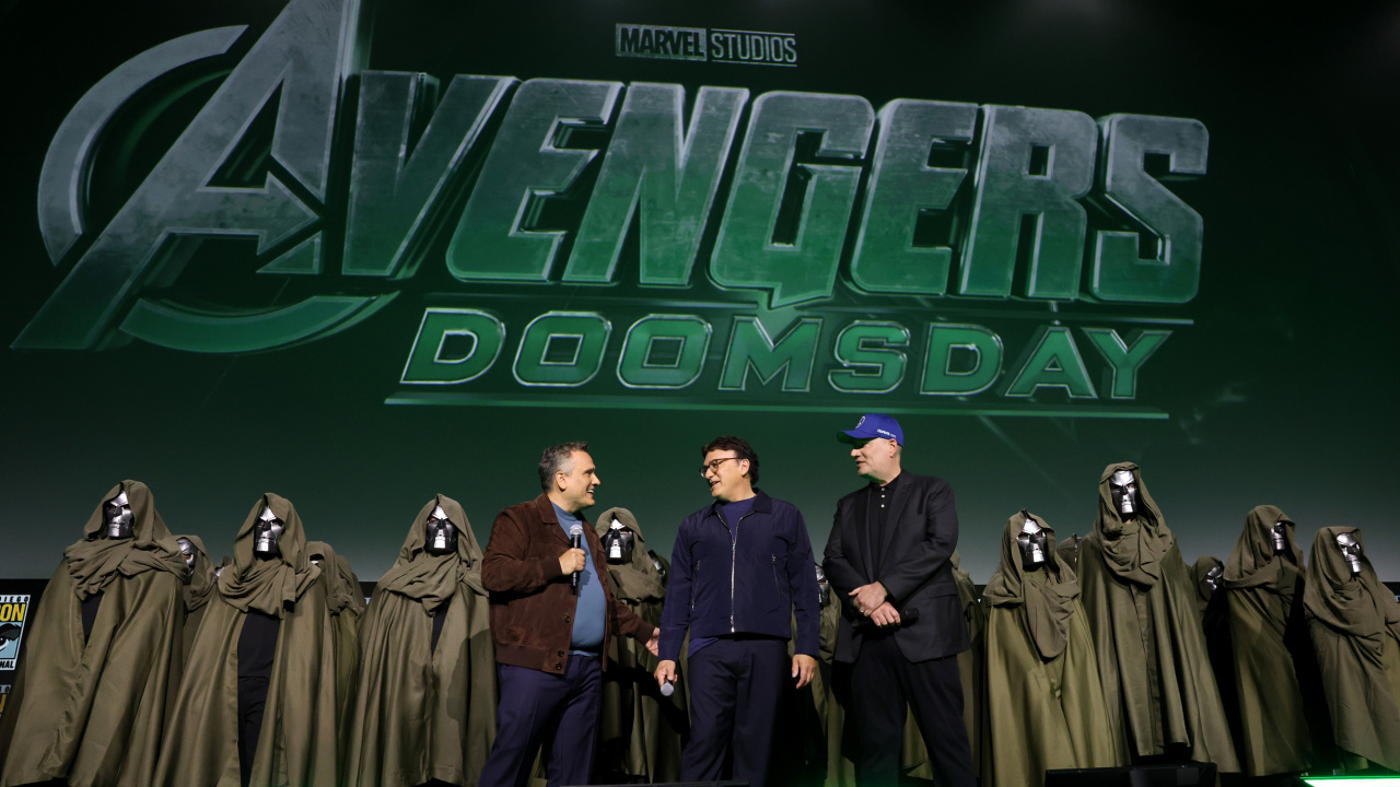 (L to R) Joe Russo, Anthony Russo and Kevin Feige present 'Avengers: Doomsday' at San Diego Comic-Con 2024. © 2024 20th Century Studios / © and ™ 2024 MARVEL.