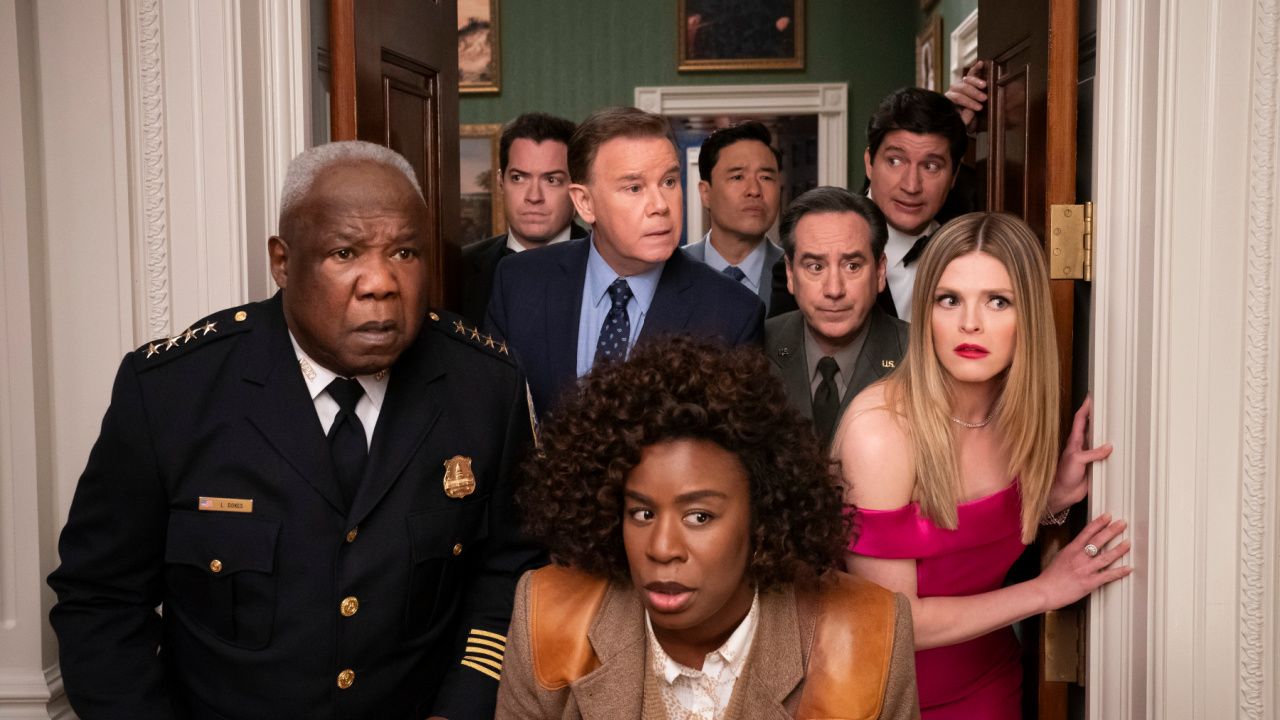 (L to R) Isiah Whitlock Jr. as Larry Dokes, Dan Perrault as Colin Trask, Spencer Garrett as Wally Glick, Uzo Aduba as Cordelia Cupp, Randall Park as Edwin Park, Andrew Friedman as Irv Samuelson, Ken Marino as Harry Hollinger, Molly Griggs as Lilly Schumacher in 'The Residence'. Photo: Erin Simkin/Netflix © 2024.