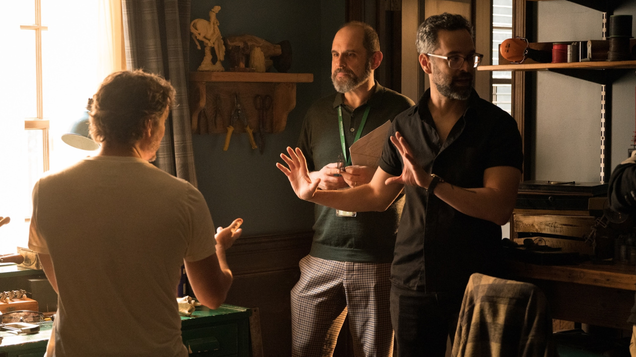 (L to R) Craig Mazin and Neil Druckmann on the set of 'The Last of Us' Season 2. Photograph by Liane Hentscher/HBO.