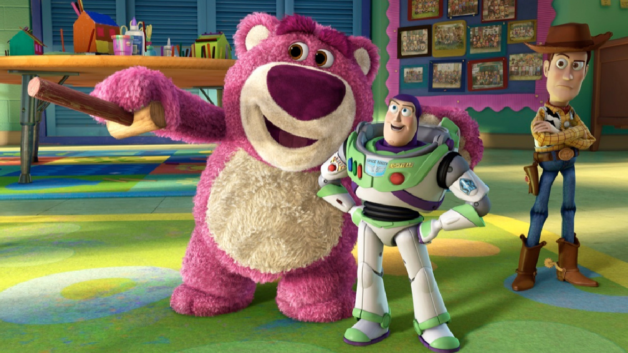 (L-R) Lots-o’-Huggin’ Bear, Buzz Lightyear, and Woody from 'Toy Story 3.' ©Disney/Pixar. All Rights Reserved.