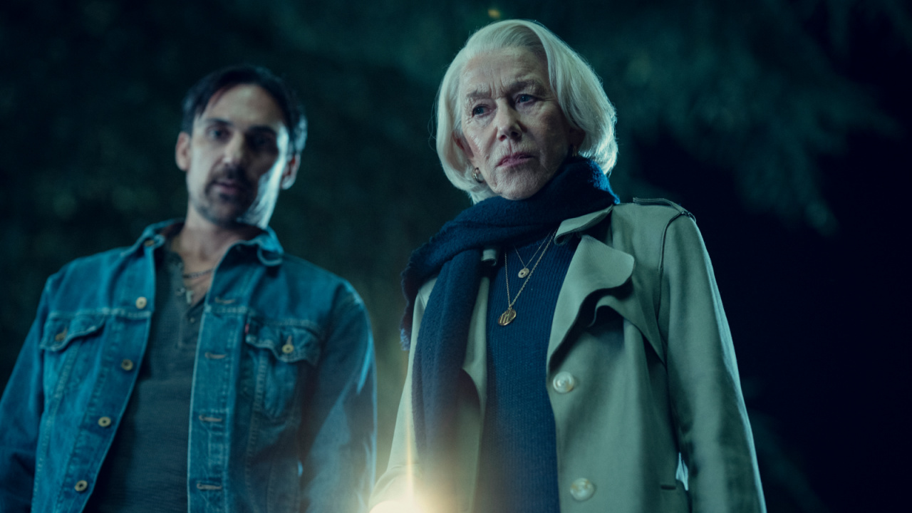 (L to R) Tom Ellis and Helen Mirren in 'The Thursday Murder Club', which will launch on 28th August 2025 exclusively on Netflix. Photo: Netflix.