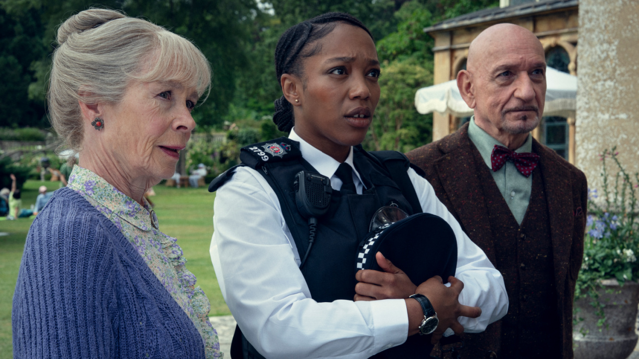 (L to R) Celia Imrie, Naomi Ackie and Ben Kingsley in 'The Thursday Murder Club', which will launch on 28th August 2025 exclusively on Netflix. Photo: Netflix.