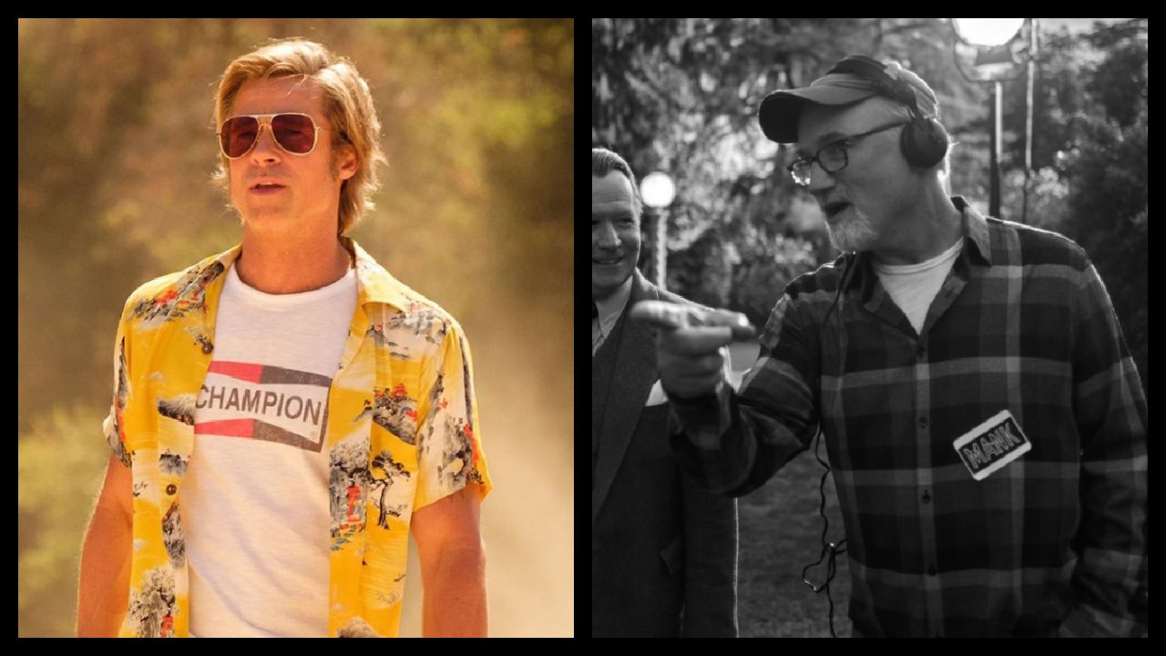 (Left) Brad Pitt as Cliff Booth in 'Once Upon a Time in Hollywood.' Photo: Sony Pictures. (Right) David Fincher on the set of 'Mank'. Photo: Gisele Schmidt/Netflix.