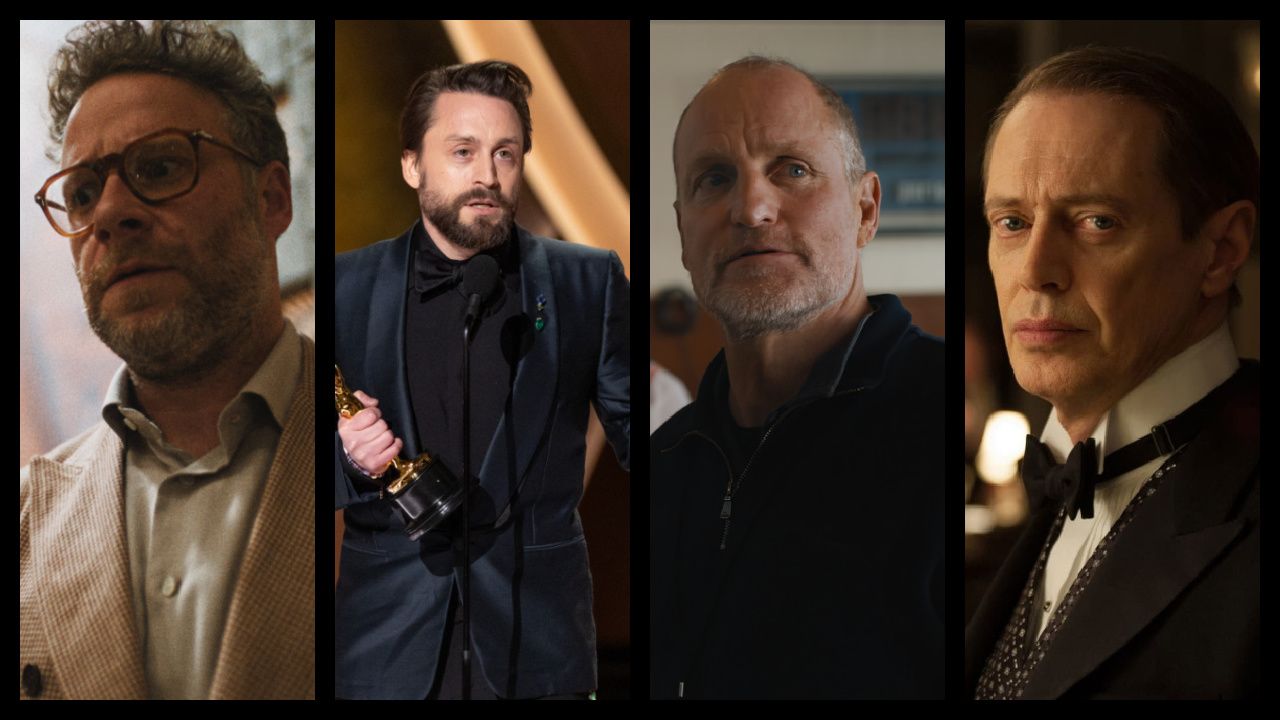 (Far Left) Seth Rogen in 'The Studio,' premiering March 26, 2025 on Apple TV+. (Center Left) Kieran Culkin accepts the Oscar® for Actor in a Supporting Role during the live ABC Telecast of the 97th Oscars® at the Dolby® Theatre at Ovation Hollywood on Sunday, March 2, 2025. (Center Right) Woody Harrelson as Marcus in director Bobby Farrelly's 'Champions,' a Focus Features release. Courtesy of Focus Features. (Far Right) Steve Buscemi in 'Boardwalk Empire'. Photo: HBO Entertainment.