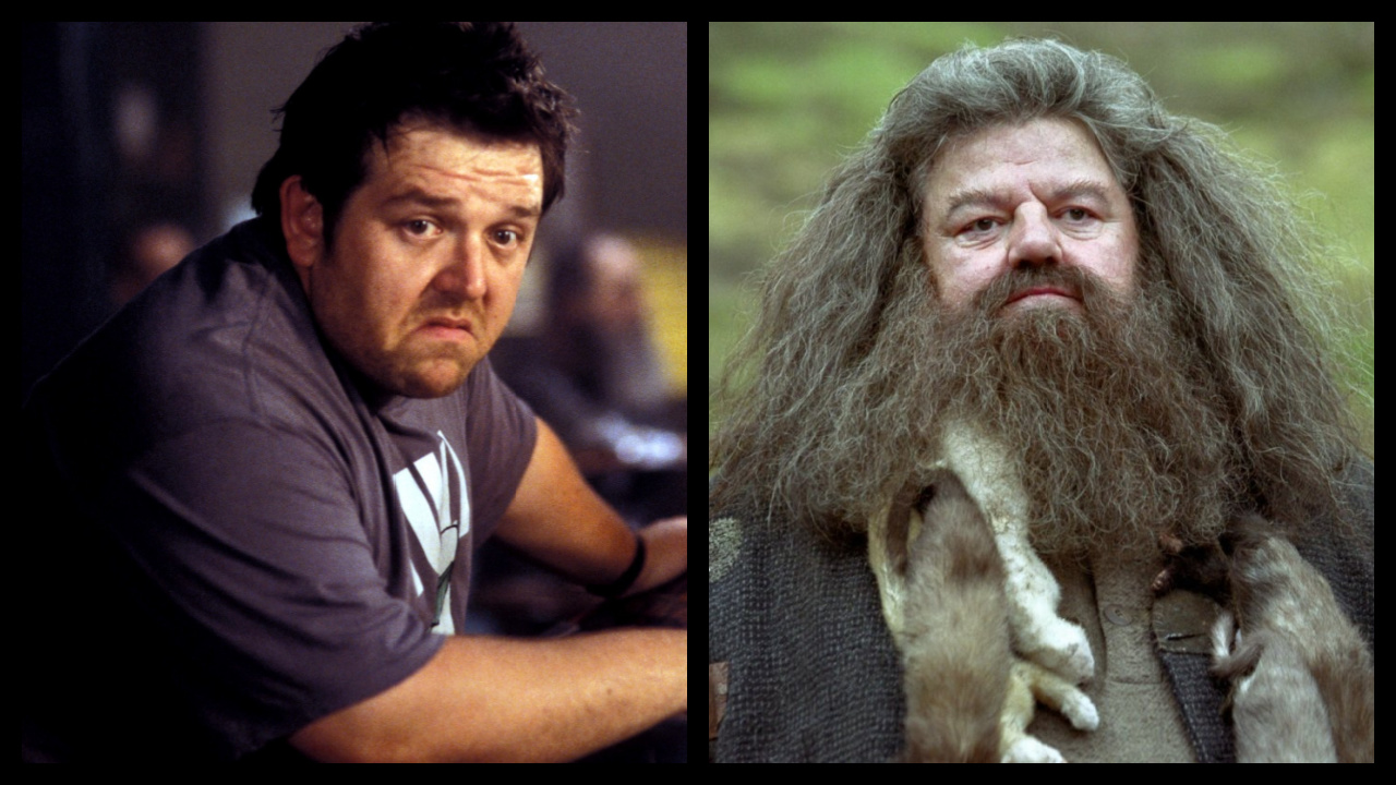 (Left) Nick Frost in 'Shaun of the Dead'. Photo: Universal Pictures. (Right) Robbie Coltrane as Rubeus Hagrid in the 'Harry Potter' series. Photo: Warner Bros.