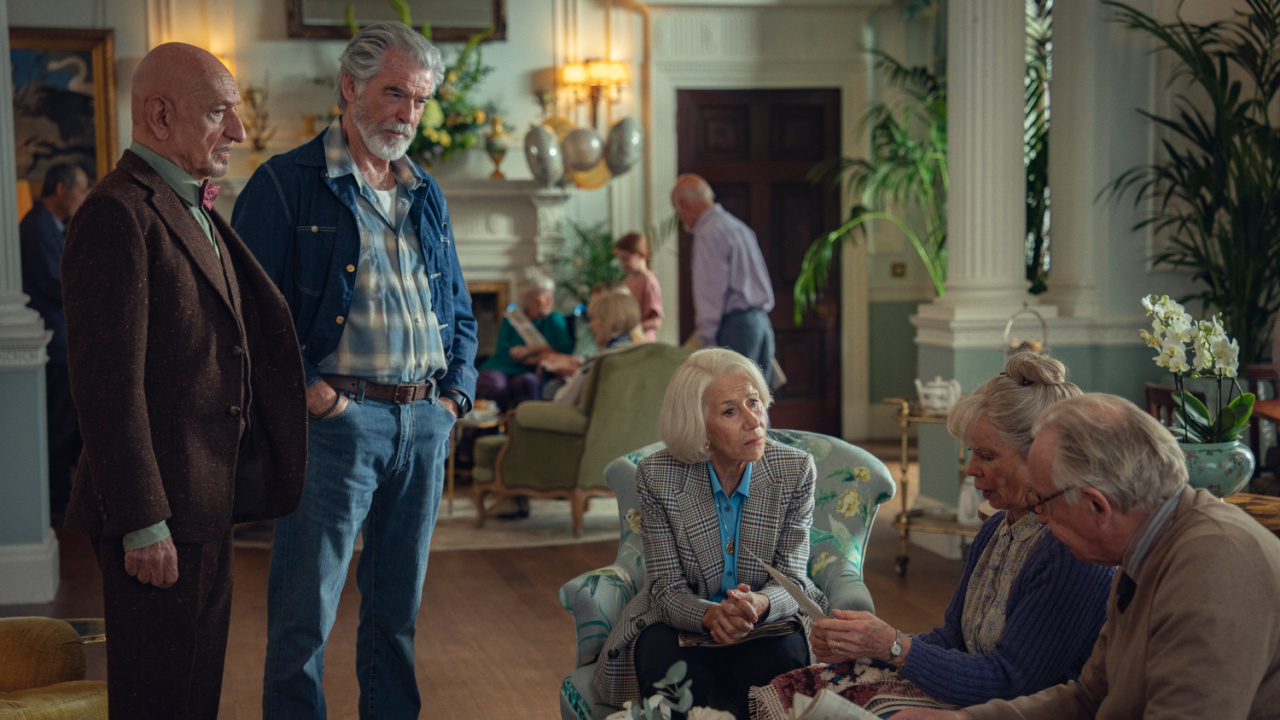 (L to R) Helen Mirren, Pierce Brosnan, Sir Ben Kingsley, and Celia Imrie in 'The Thursday Murder Club'. Photo: Giles Keyte/Netflix. © 2025 Netflix, Inc.
