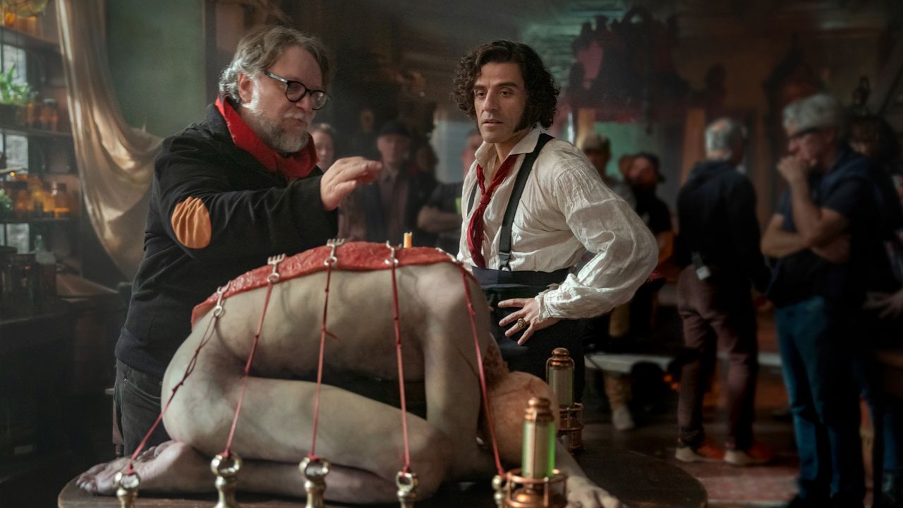 (L to R) Director Guillermo del Toro and Oscar Issac as Victor Frankenstein on the set of ‘Frankenstein’. Photo: Ken Woroner/Netflix © 2025.