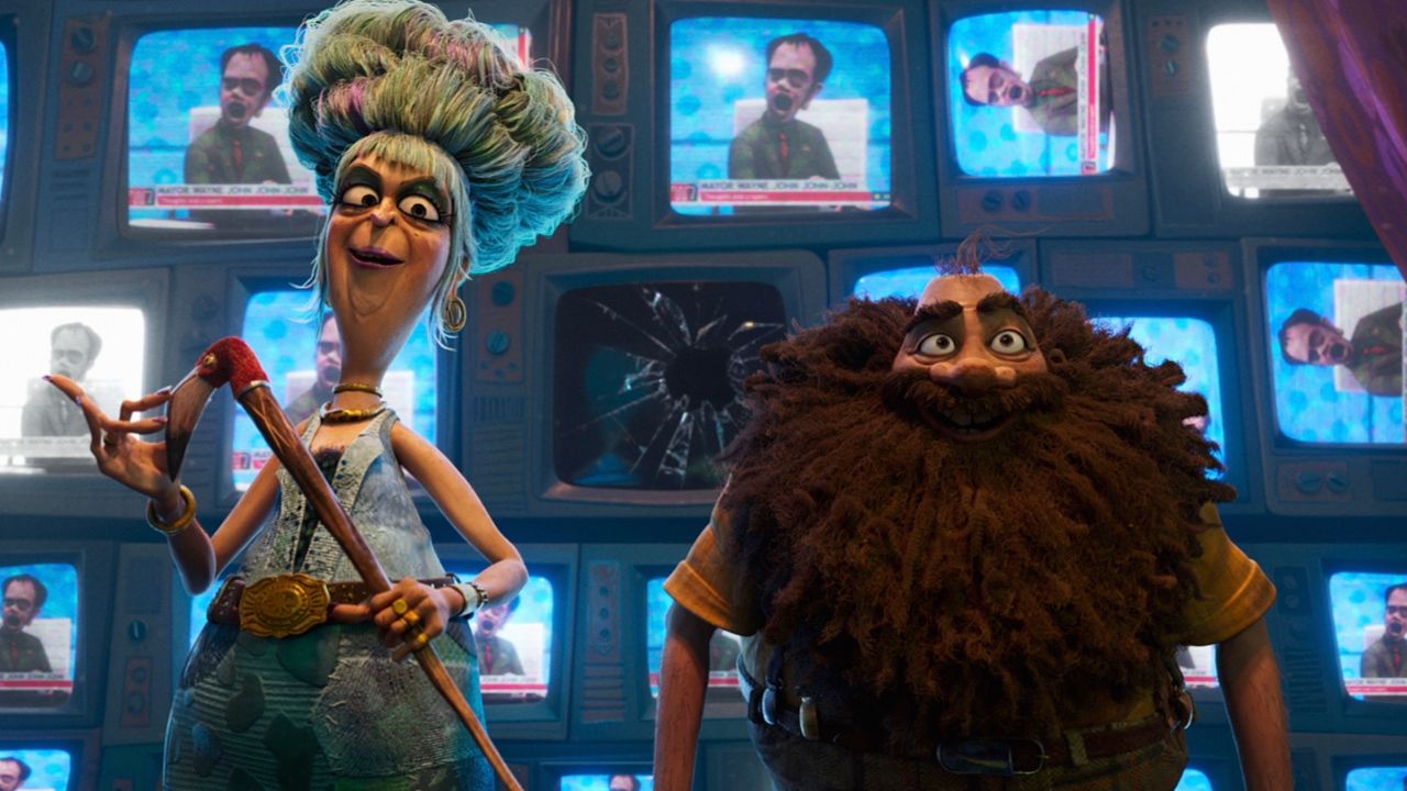 (L to R): Margo Martindale as Mrs. Twit, Johnny Vegas as Mr. Twit, in 'The Twits.' Photo: Courtesy of Netflix © 2025.