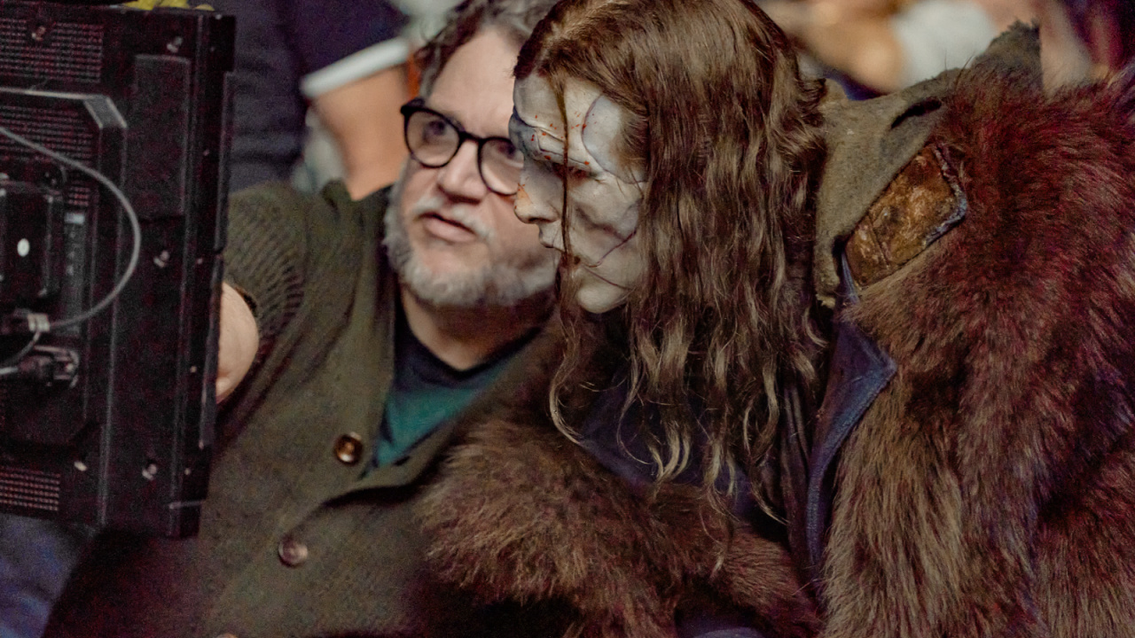 (L to R) Writer/Director Guillermo del Toro and Jacob Elordi as The Creature on the set of 'Frankenstein'. Photo: Ken Woroner/Netflix © 2025.
